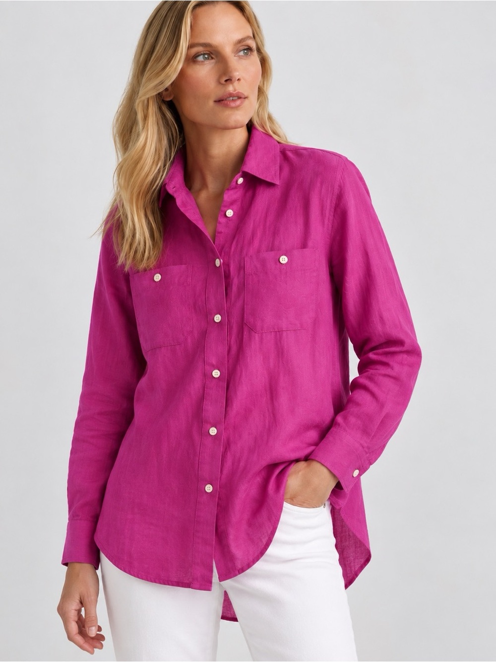 Lauren Ralph Lauren 100% Linen Button Down Shirt Hot Pink Fuchsia Women Size PL